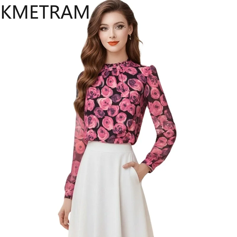 

Розовая блузка KMETRAM с цветочным принтом для женщин, в французском стиле, с длинным рукавом, элегантный весенний топ, женская одежда 2026