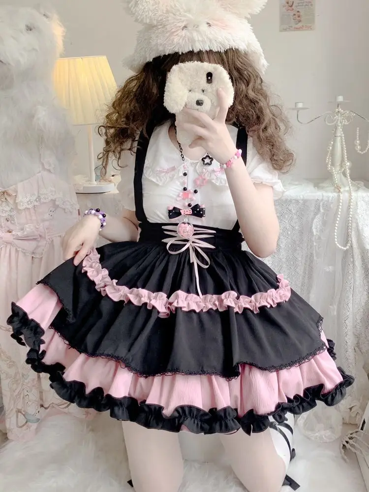 Cute Lolita Sk Black White Strap Dress For Women Y2k Slim Waist Lace Up Skirts 2025 Summer New High Waist Faldas Mujer