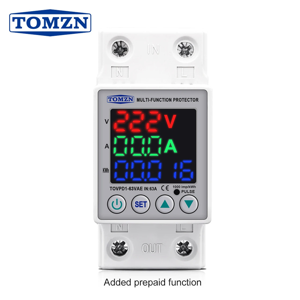  63A 230V 3IN1 Display Din Rail Adjustable Over And Under Voltage Protective Device Protector Relay With Over Current Protection 