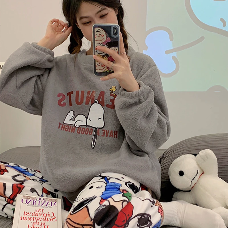 Peanuts Cartoon Snoopy Flannel Cartoon Pajamas Thick Homewear Coral Fleece Long Sleeves Pants Warm Suit Cute Girl Christmas Gift