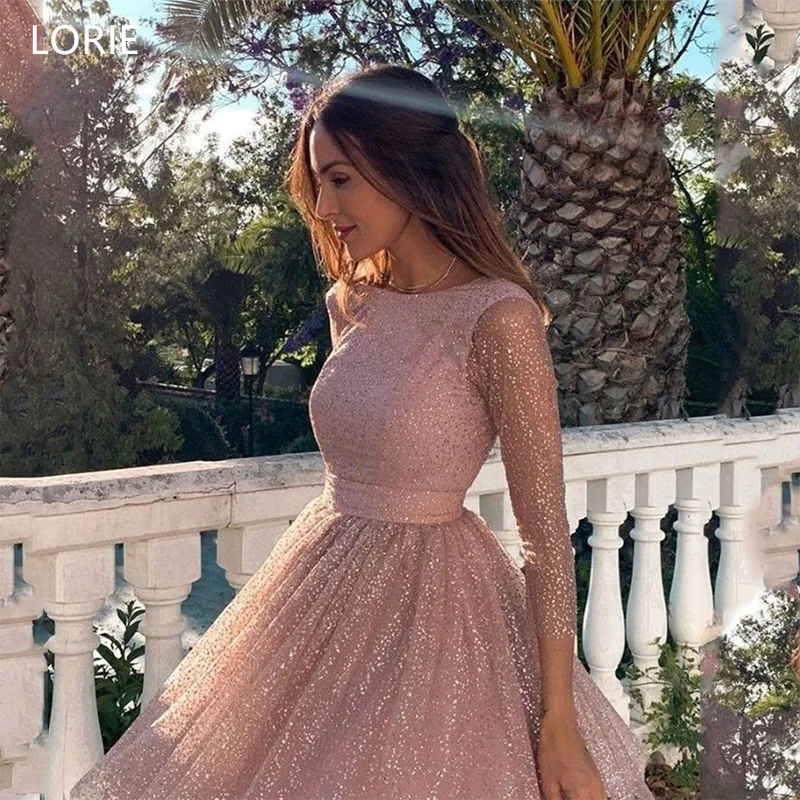

LORIE Mini Short Sparkling Party Dresses Evening Full Sleeves Homecoming Prom Dress O-Neck Above Knee Prom Gown Customized