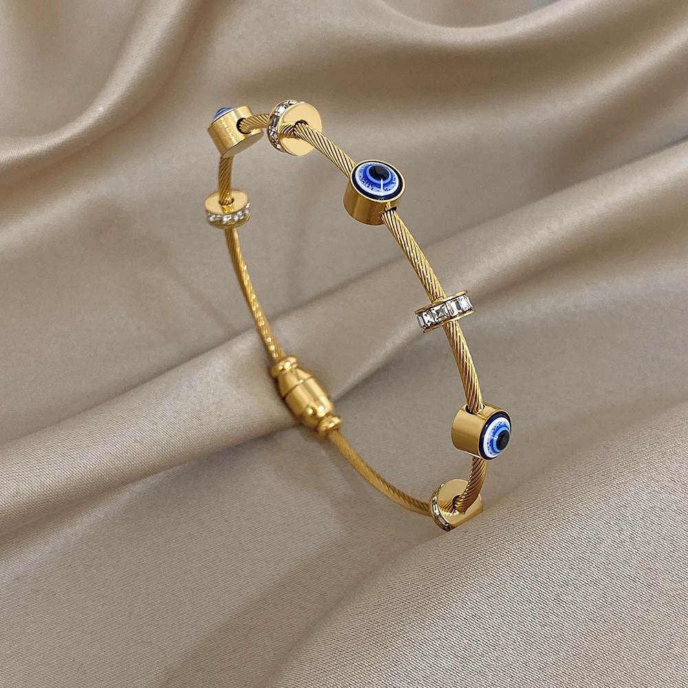Neue Türkische Böse Augen Strass Edelstahl Manschette Armband Armreif Für Frauen Mode Vergoldet Wasserdicht Charme Schmuck – Detail 7