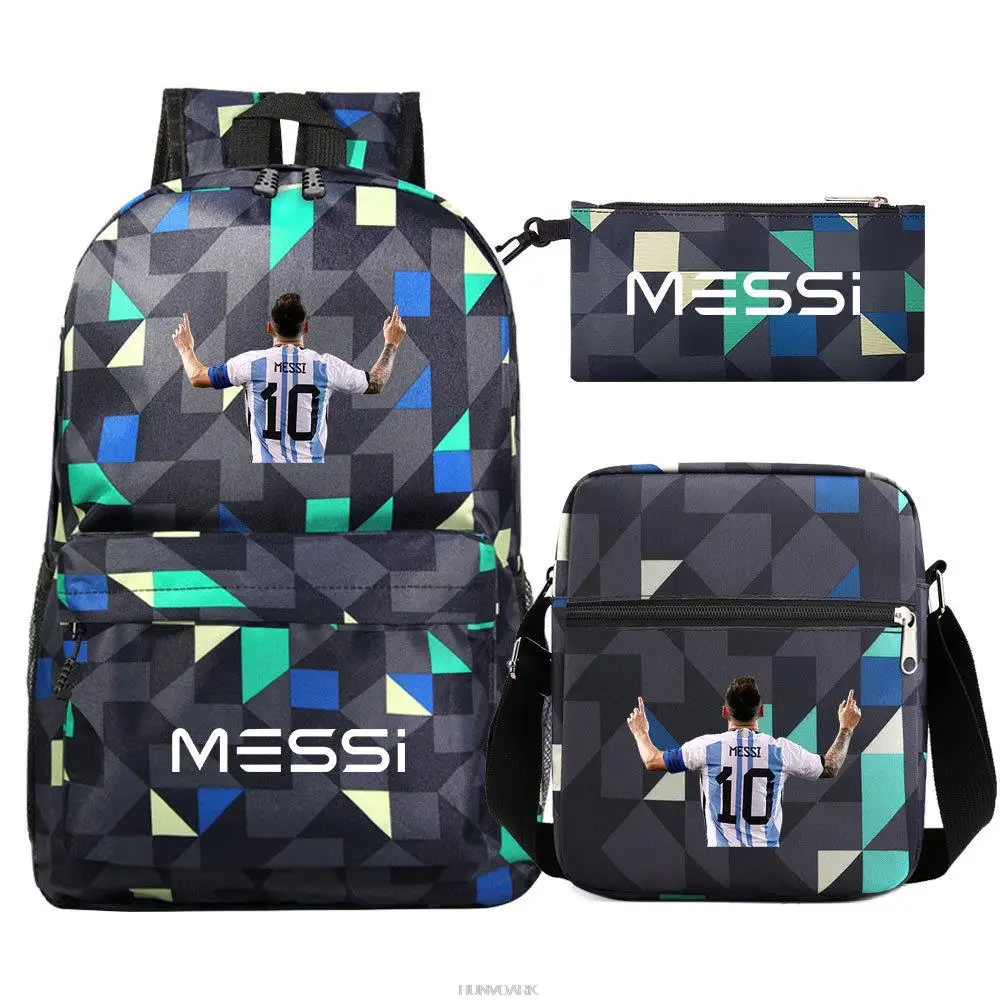 Messi Football Stars Print Mochila, leve simples Laptop sacos escolares, alunos do ensino médio, novo, 3pcs