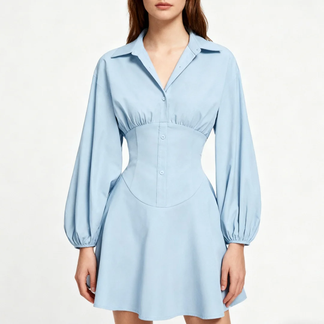 فستان نسائي قصير عصري بلون سادة، خصر عالي، أكمام منتفخة، تنورة منفوشة، مزاج أنيق لمظهر كاجوال أنيق