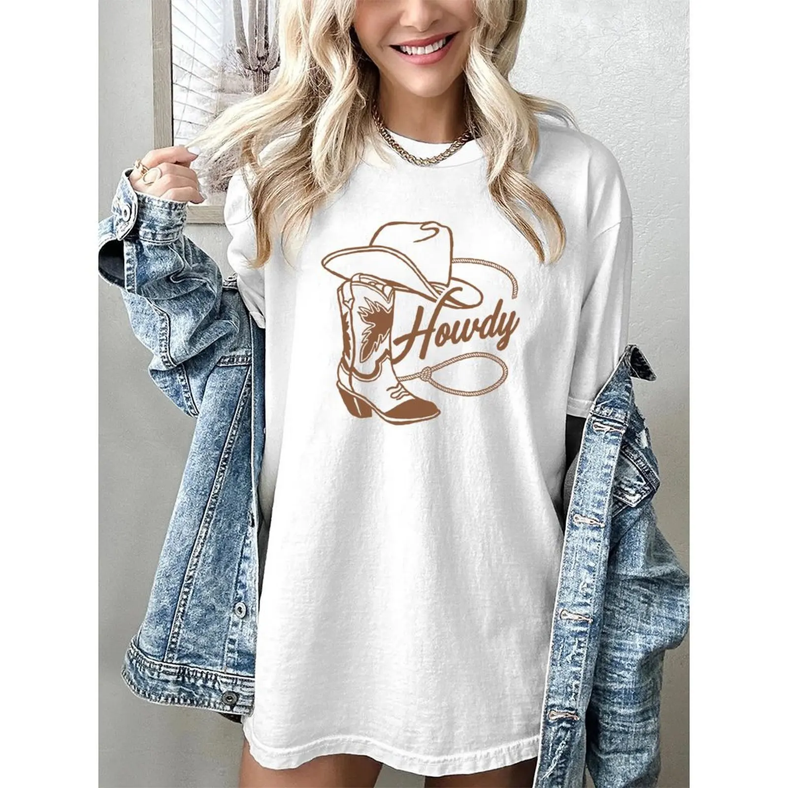 

2025 Summer Tops For Woman Short Sleeve T-Shirts Oversized Fashionable Casual West Cowgirl Style Boho Cow Skull Print Tops