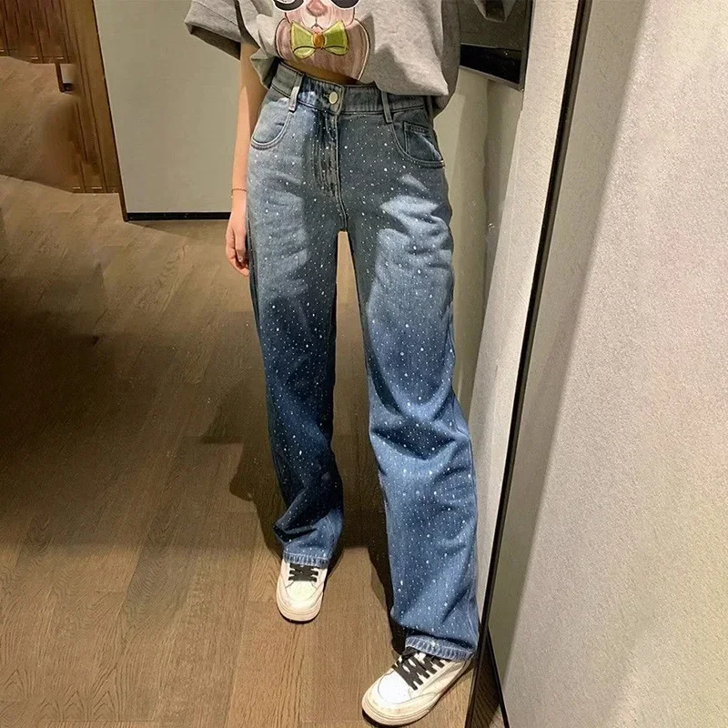 Fashion Embroidered Diamond Baggy Jeans Women Style High Waist Wide Leg Streetwear Trousers Women's Casual Denim Pants A140