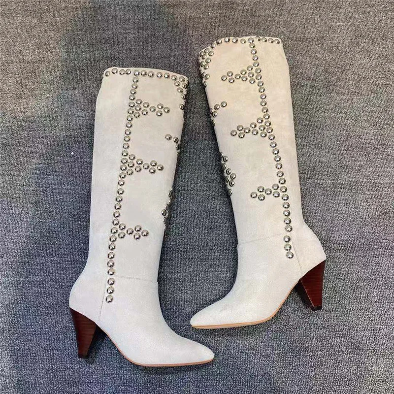 New Arrivals Rivets Embellished Spike Heels Over the Knee Boots Ruched Pointed Toe Slip-on Winter Shoes Women Sewing Runway