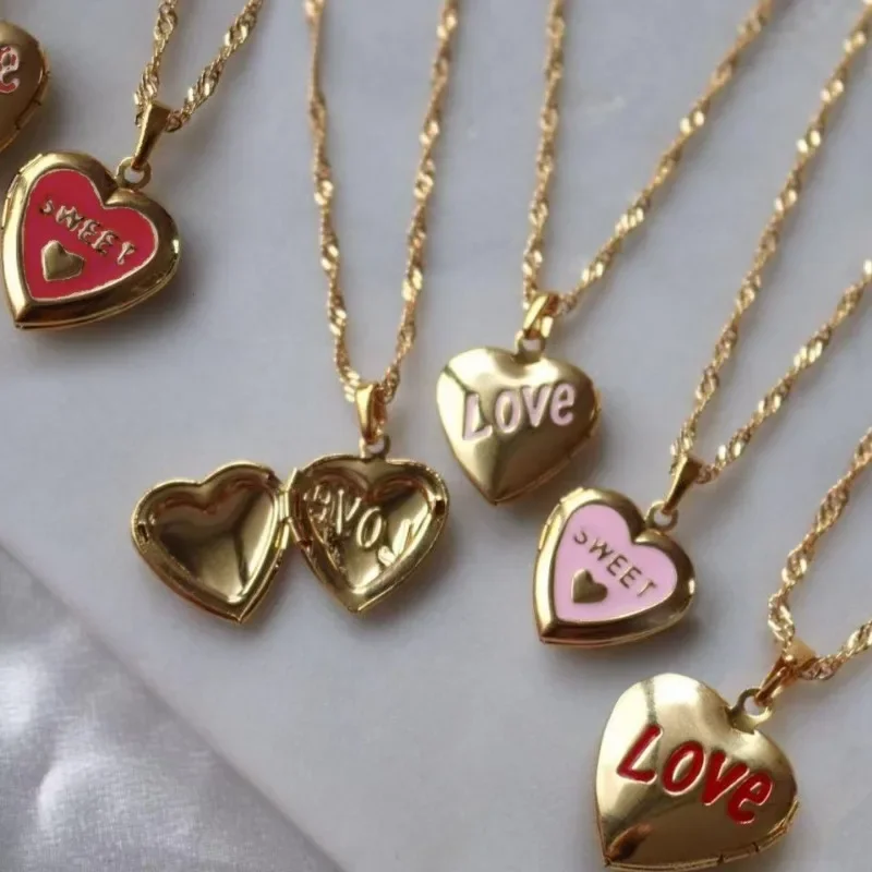 Openable Love Heart Locket Pendant Necklace Gold Color Stainless Steel Memory Photo Frame Family Photo Frame Locket Choker Gifts