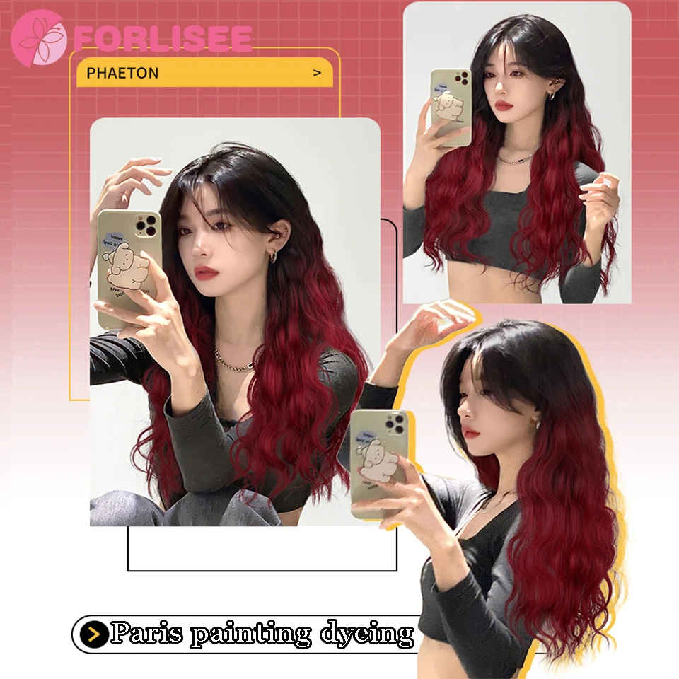 FORLISEE Synthetic Paris Painted Gradual Merry Red Women\'s Long Curly Hair Increase Volume Fluffy Water Wave Pattern Wig Pieces