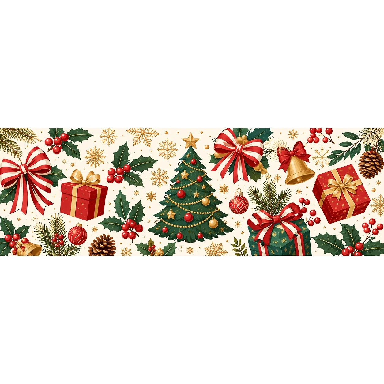 One table skirt - Classic Red and Gold Christmas Table Skirt - Central Decorated Christmas Tree Gift Box