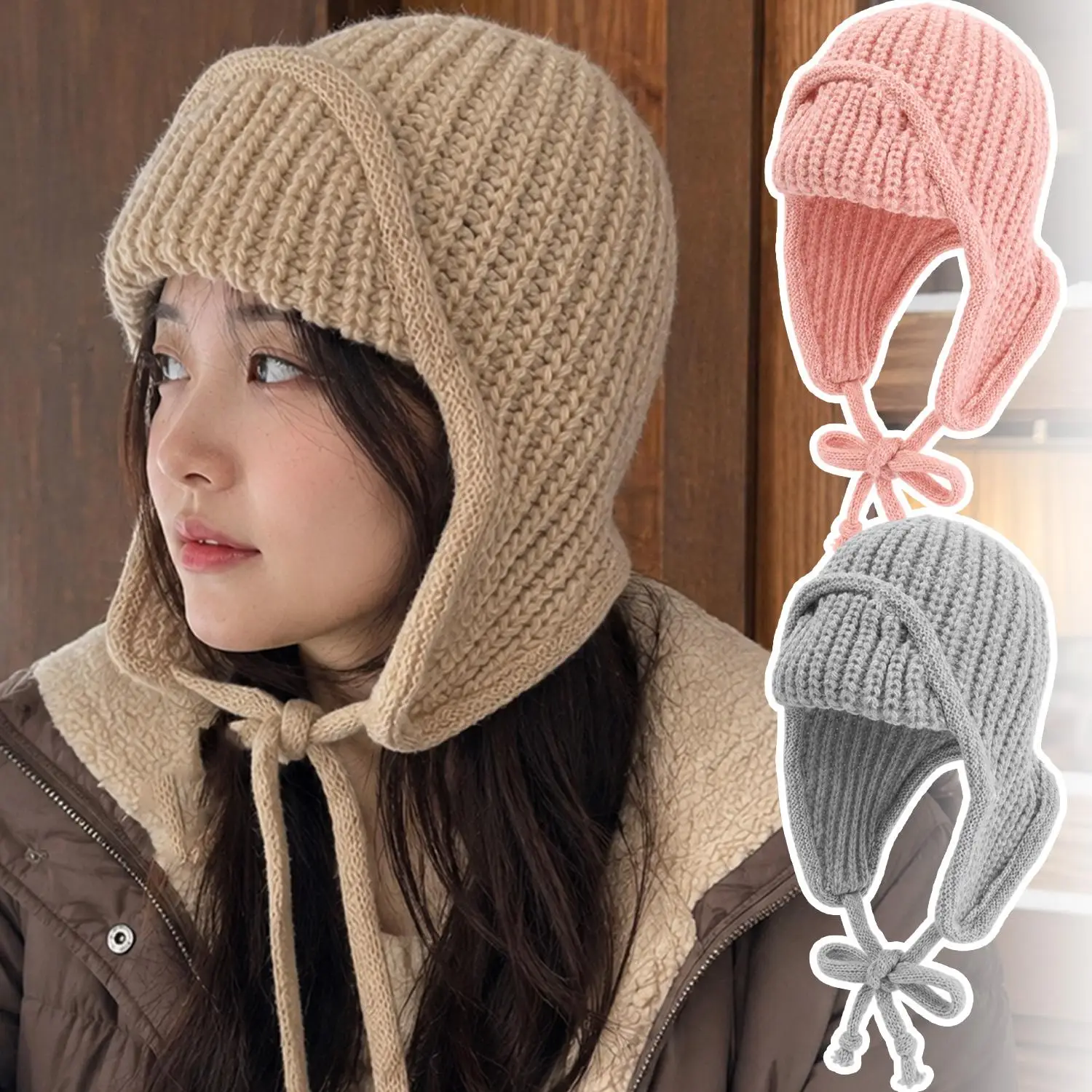 Warm Ear Protection Knitted Hat Fashion Winter Cold Proof Flying Cap Soft Solid Color Woolen Crochet Bonnet Women Wool Beanie