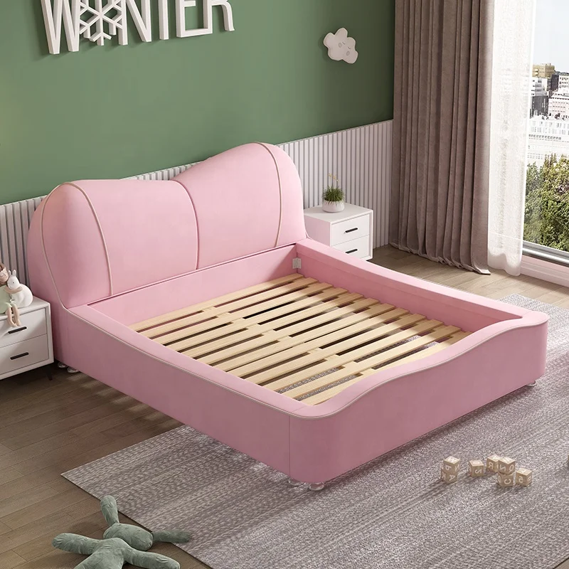 New Design Home  Bedroom Furniture Set Modern Wooden Frame Fabric Single Children pink Bed for Girl