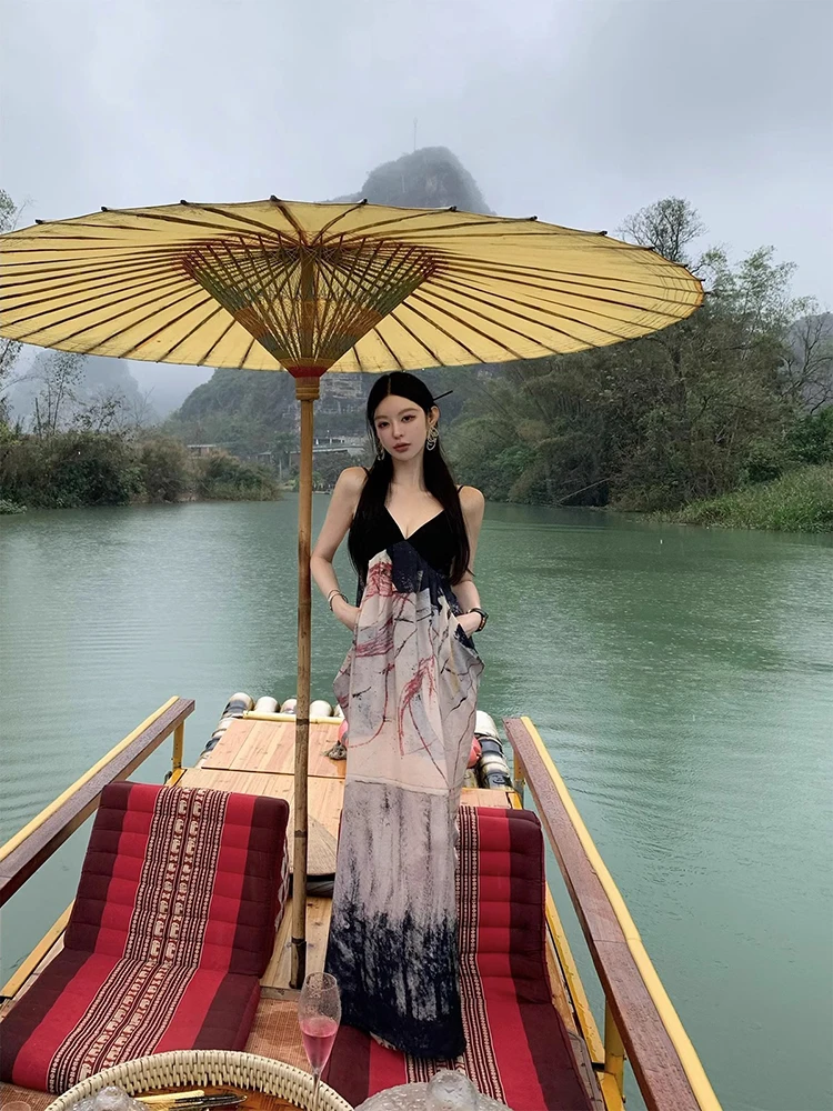 

New Chinese Sle Long Dr Water-Media Print V-Ne Strap Women's Summer Dr Ele Design High Waist Polyester Blend