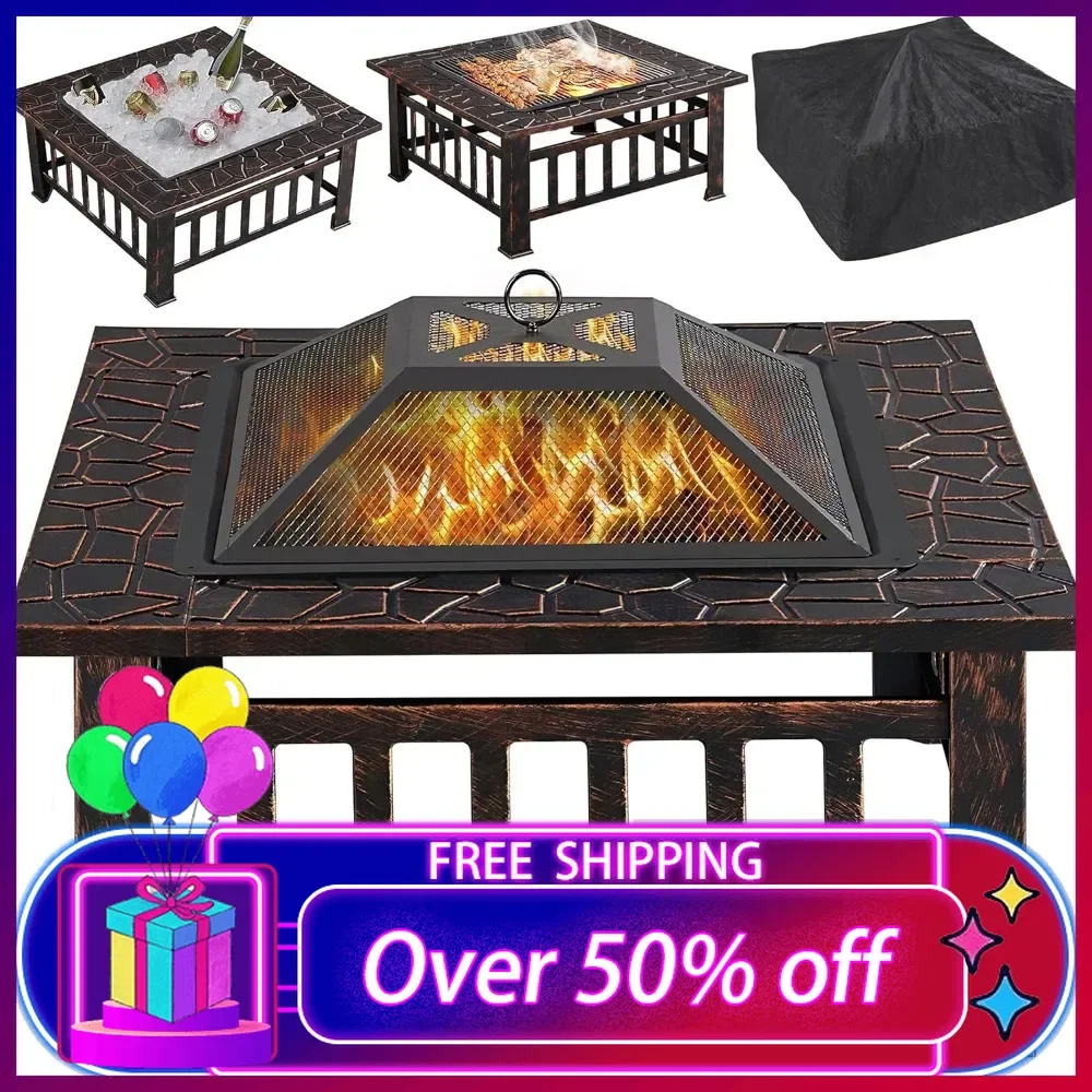 32in Outdoor Firepit Square Table Backyard Patio Garden Stove Wood Burning Fire Pit with Spark Screen, Log Poker and Cover