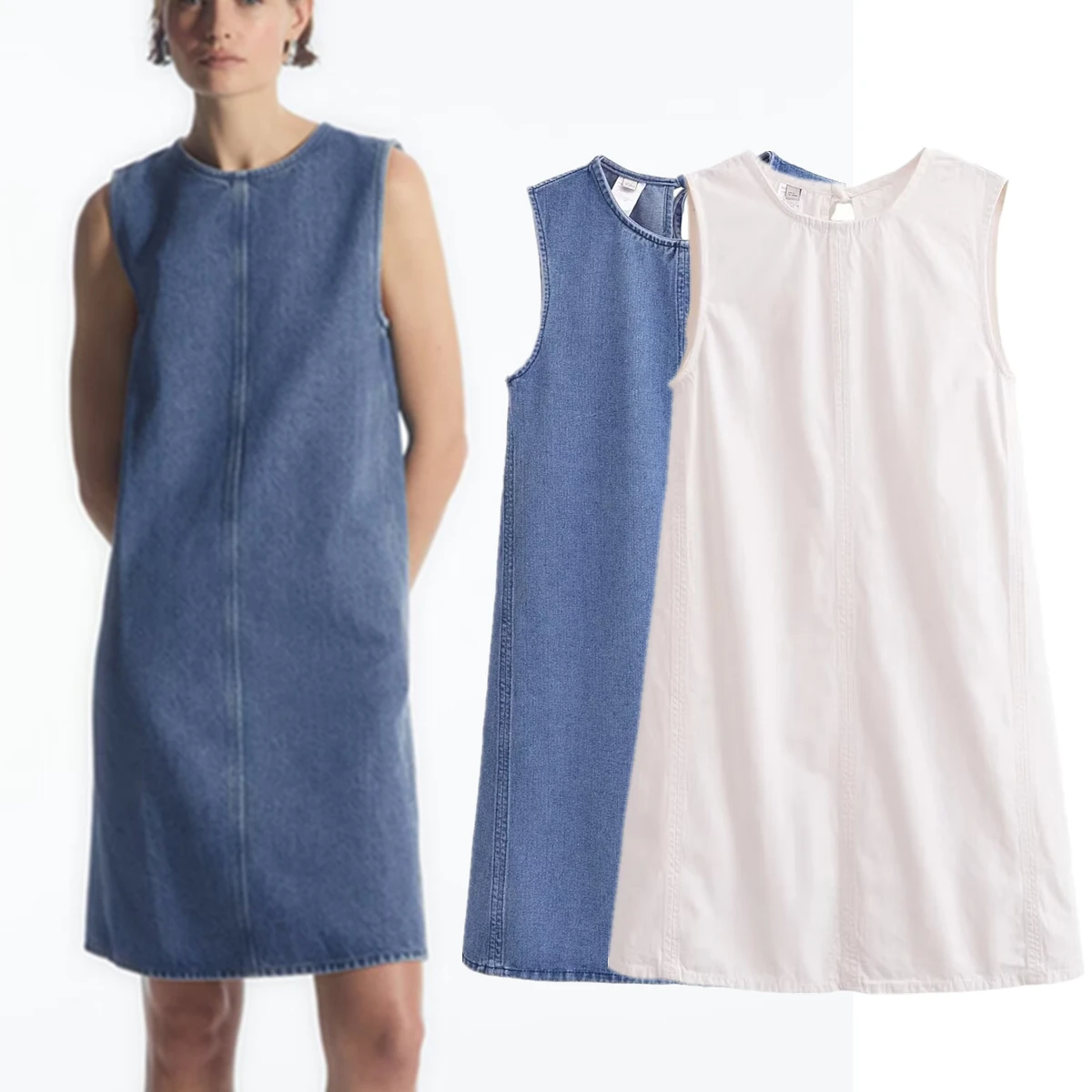 Verwelkte nordische minimalist ische feste Tank Kleid Farbe Jeans kleid Rundhals ausschnitt ärmellose Mini lässig Sommerkleid Pendler