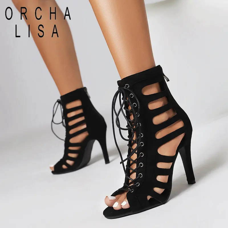 ORCHA LISA Patent Leather Women Sandals Peep Toe Thin Heels 7cm Zipper Lace Latin Dancing Shoes Summer Plus Size 43 44 45 46