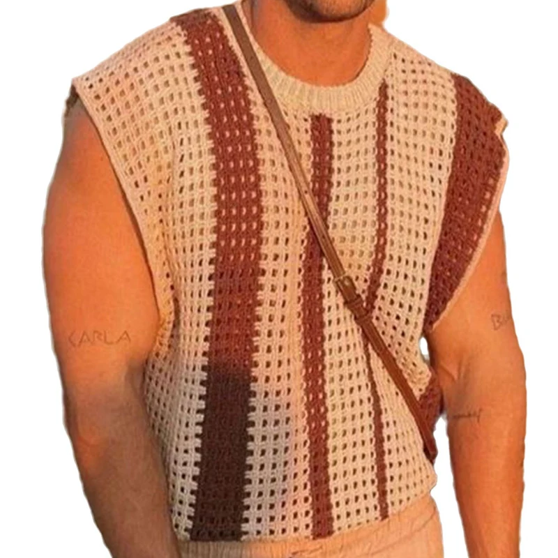 Vintage Striped Jacquard Crew Neck FibKnit Previous Fit for Men, 100% GlaSummer, Casual At Camisole, New Fashion