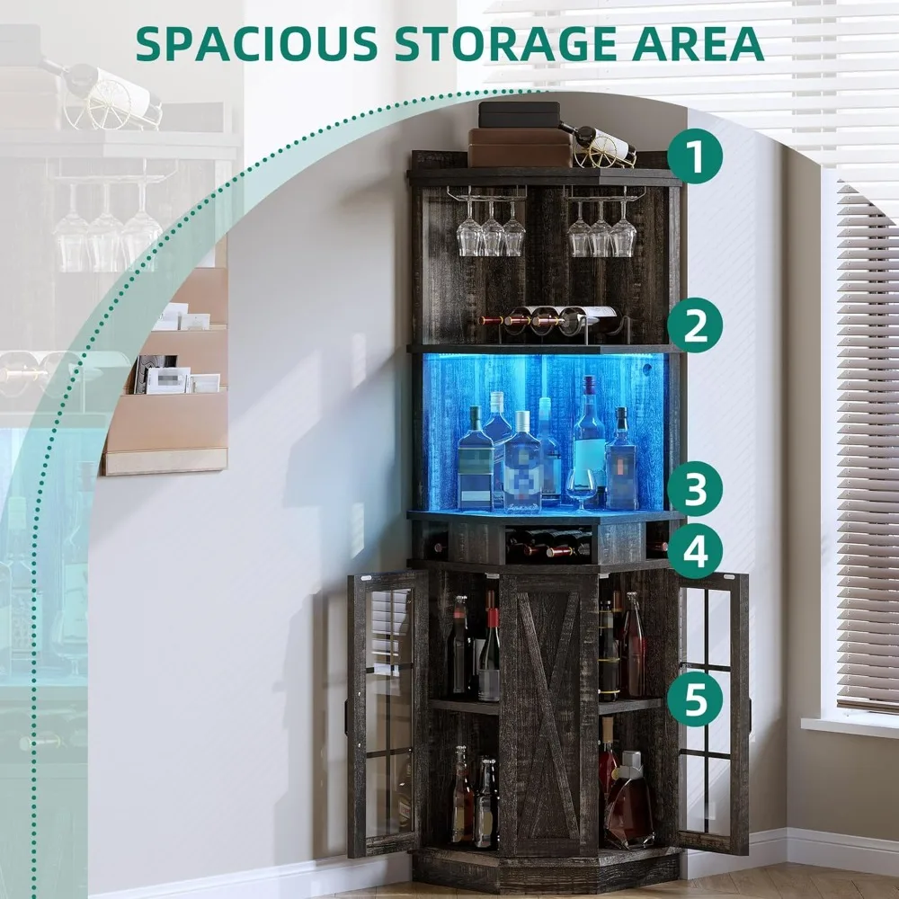 72 خزانة بار زاوية للمزرعة مع أضواء LED وباب زجاجي، خزانة مشروبات مع حامل زجاجي، كابينة بار الخمور من 6 طبقات