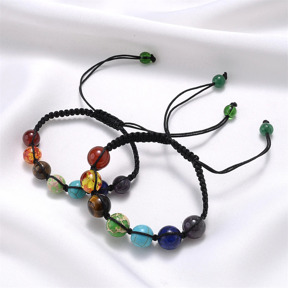 pulseiras feminina acessorios femininos pulseira feminina pedras naturais pulseira c7 chakra grânulos de pedra natural pulseira para mulheres corda preta trançada yoga reiki cura equilíbrio pulseiras presente meditação