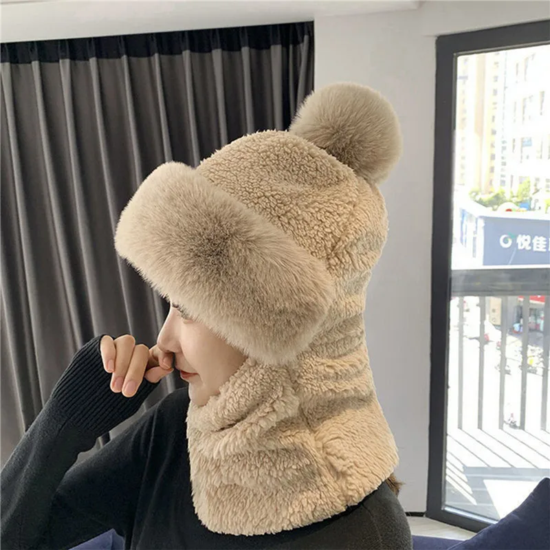 Mulheres inverno cachecol conjunto com capuz de pelúcia pescoço quente ao ar livre esqui à prova vento chapéu grosso pelúcia fofo gorros ciclismo boné