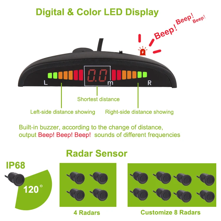تخصيص اللون LED عرض مجموعة أجهزة استشعار وقوف السيارات مقاوم للماء عكس الاستشعار تيار مستمر 12-32 فولت تجنب الاصطدام الرادار للسيارات RVs