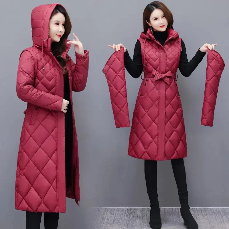 Womens Down Cotton Coat 2024 New Winter Hooded Jacket Long Warm Cotton-Padded Coat Female Slim Puffer Parkas Removable Sleeves