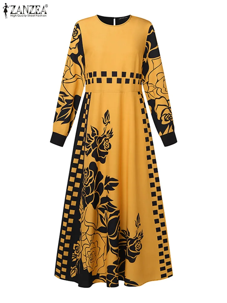 2024 ZANZEA Women Spring Maxi Dress Casual Muslim Abaya Hijab Vestido Vintage Long Sleeve Floral Printed Sundress Islamic Cloth