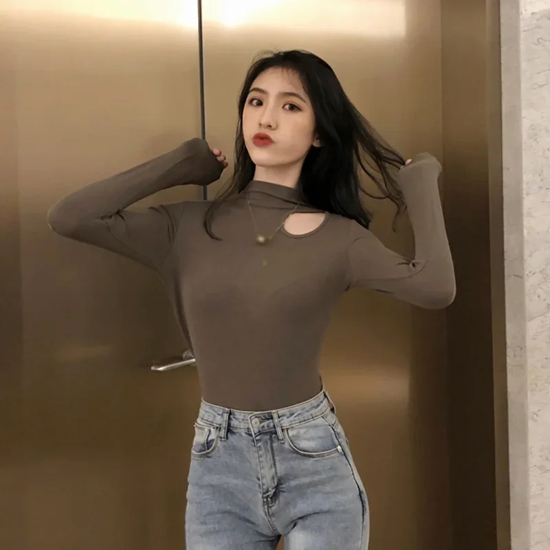 Women T-Shirts Spring Autumn Solid Color Half-High Neck Cutout Slim Sexy Long Sleeve Fashion Base Top