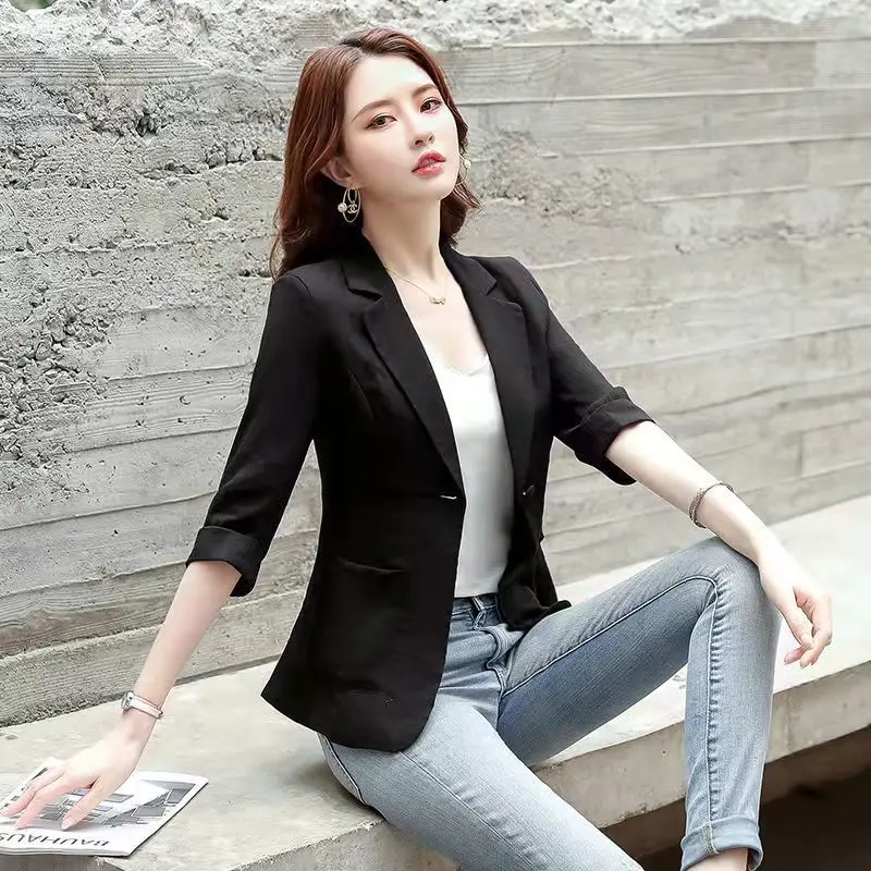 Women\'s Suit Jacket Summer Style Fashion White Seven-point Sleeve Office Ladies Casual Short Paragraph Cotton linen Blazer B24