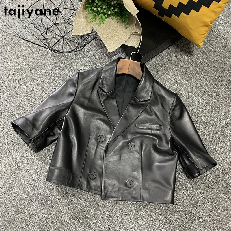 Tajiyane Fashion Autumn Genuine Leather Short Coat Women Short Sleeve Double Breasted Outwear Office Lady Sheepskin Suit Jacket