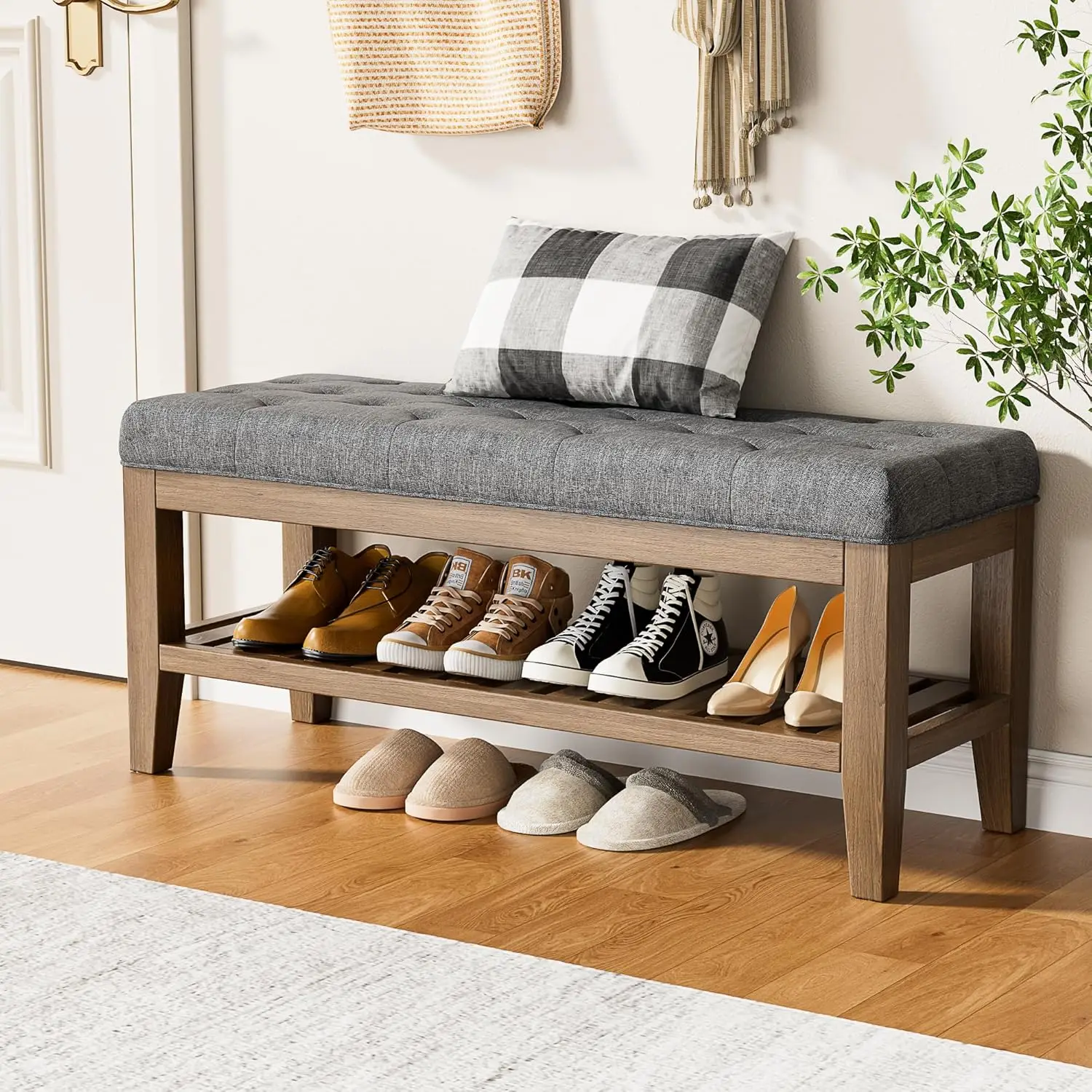 مقعد تخزين نهاية السرير، مقعد أحذية مدخل 42.9 مع رف من الخشب الصلب، مسند منجد مع مقعد مبطن لغرفة النوم والقاعة