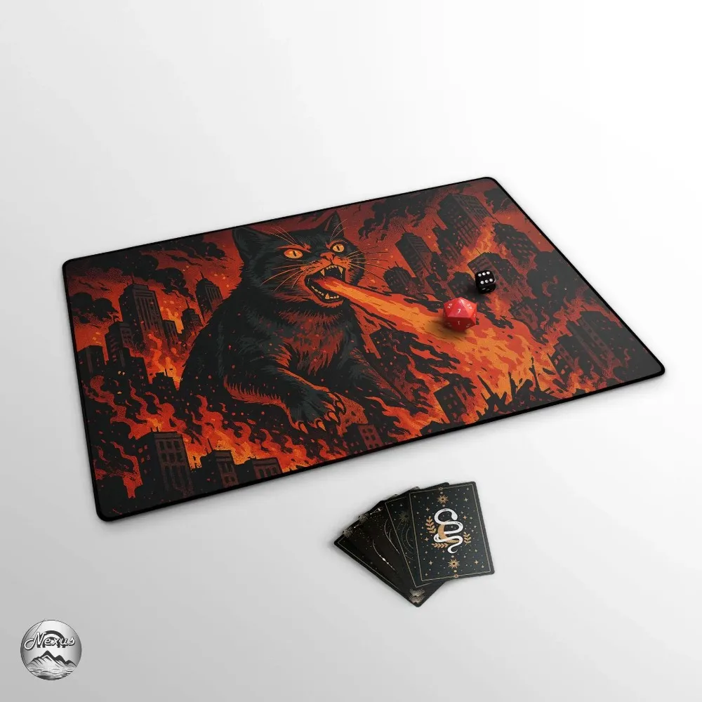 Hungry Fire Breathing Cat of Doom TCG PlayMat With EDH Zones, Funny Animal Causing Chaos, Cat Lover Gag Gift, Great Cat
