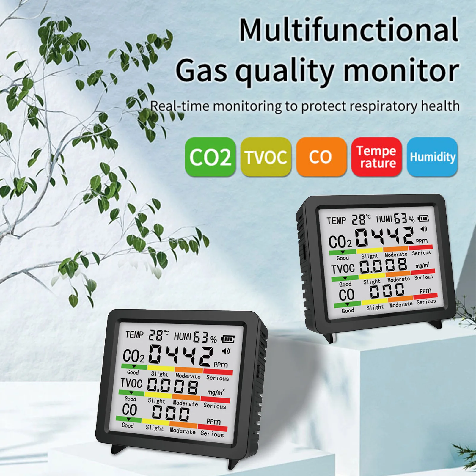 5 in 1 Air Quality Detector CO2 TVOC CO Temperature Humidity Sensor LCD Digital Display Portable Home Multifunction Gas Monitor
