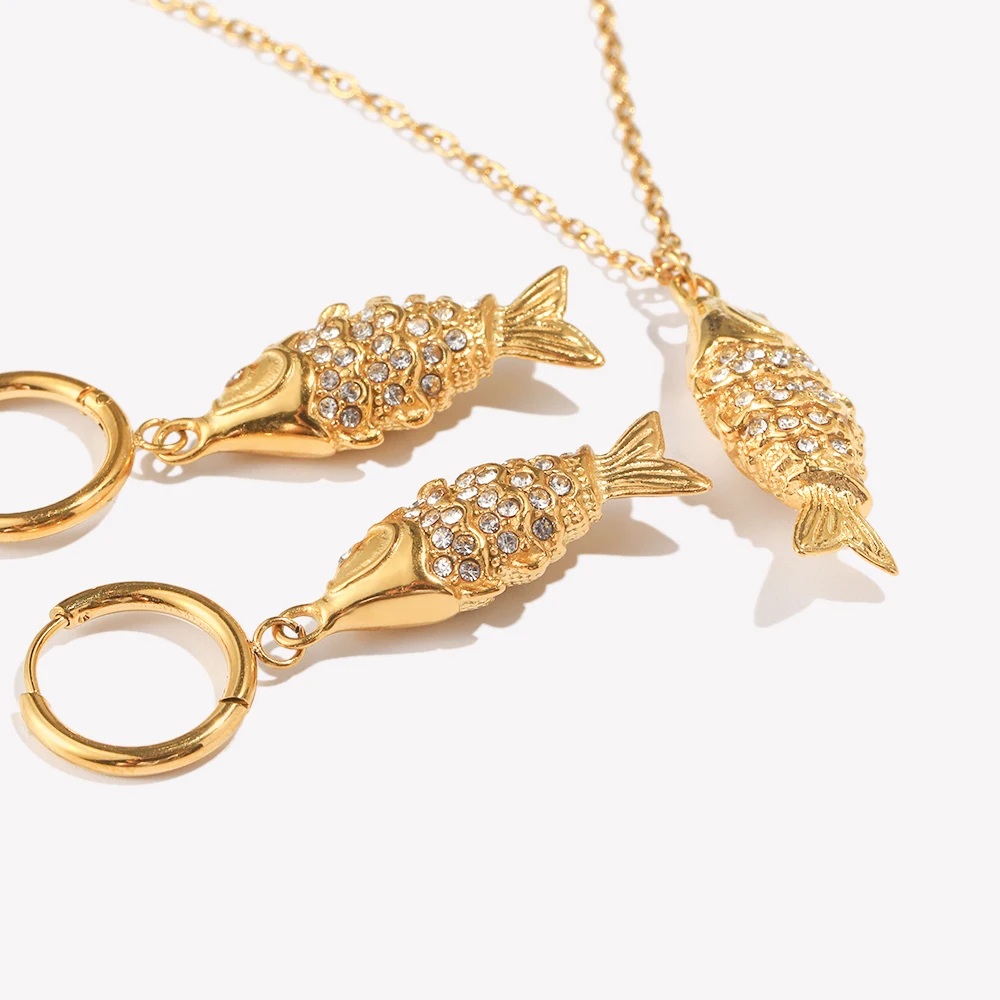 E.B.belle Rhinestone Koi Fish Necklace Earring Jewelry Set Stainless Steel Cute Fashion Animal Charm Waterproof 18K Gold Plated
