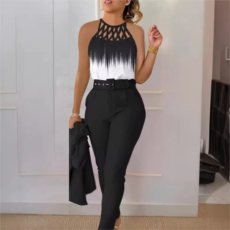 Elegant Women\'s Two Piece Set Suit Autumn Summer Fashion Print Hollow Out Sleeveless Tops Black Petite Pants Two-piece Set Women