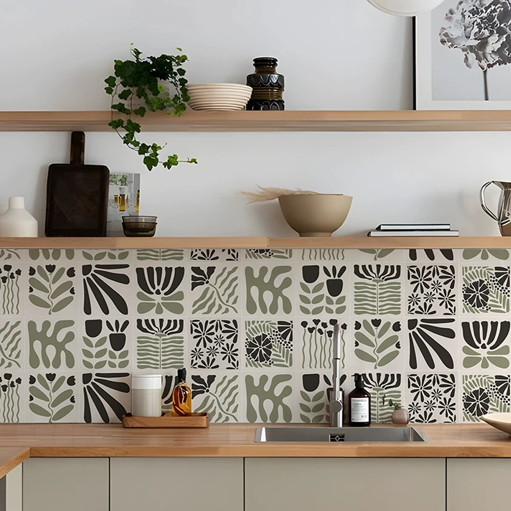 Abstract art Sage flowers Backsplash Wall Tile Stickers,  Waterproof Peel and Stick, Matisse inspired Tile decals for Kitchen
