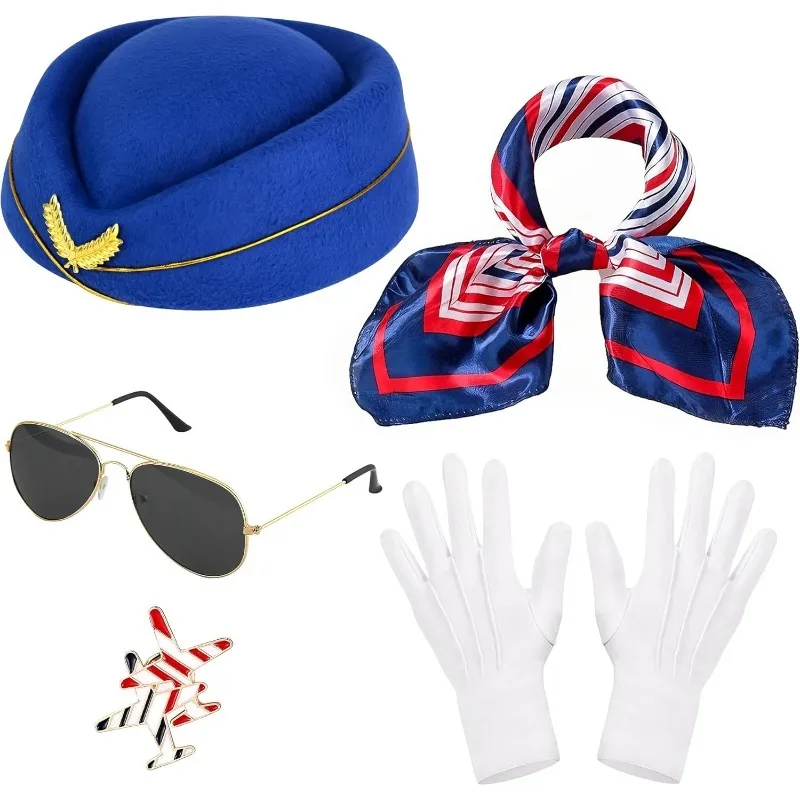 

5 шт., женские аксессуары для костюма капитана стюардессы, аксессуары для костюма стюардессы со шляпой, шарфом, солнцезащитные очки, перчатки