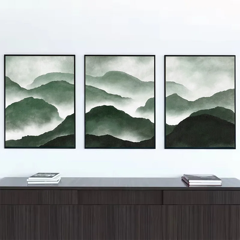 Pintura abstrata em tela de paisagem de montanha, paisagem verde salvia, pôster artístico de parede, impressões, galeria de arte.