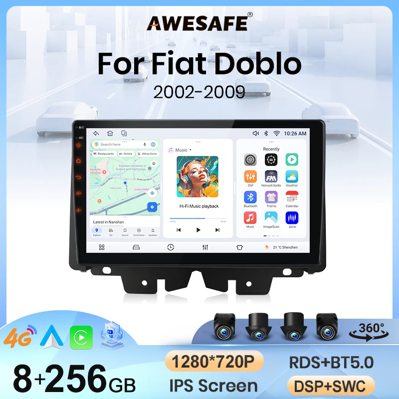 Autoradio sans fil AWESAFE CarPlay Android Auto pour Fiat Doblo 2002 2003 2004 2005 2006 2007 2008 2009 2DIN, système multimédia intelligent, écran tactile, lecteur vidéo, autoradio, navigation, Bluetooth, GPS, SWC, 4G, WIFI, RDS, FM, DSP
