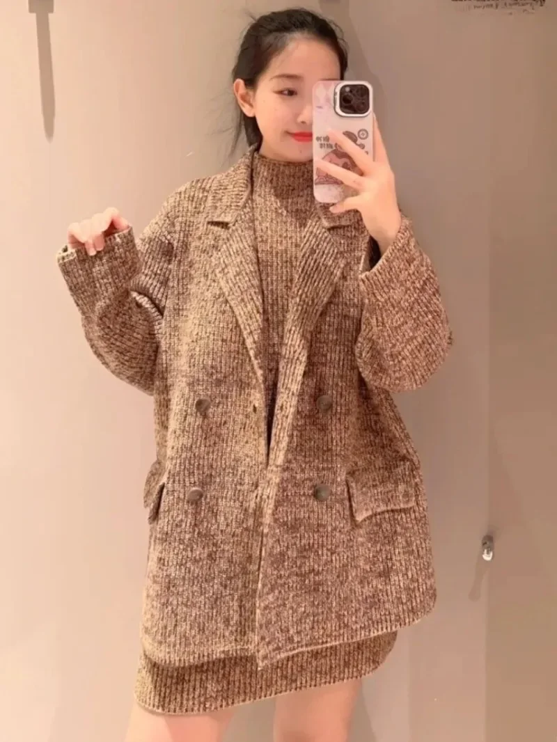 Laple Neck Double Breasted 2024 Woman Cardigan Japan Lazy Knit Outerwears Sweater Vintage Cardigans Fashion Loose Ropa Mujer