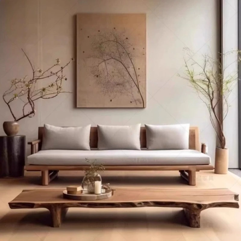 أريكة قائمة على الأرض سجل Wabi-sabi نمط أريكة خشبية صلبة قابلة للإزالة وقابل للغسل منطقة الراحة أثاث غرفة المعيشة أريكة الصنوبر