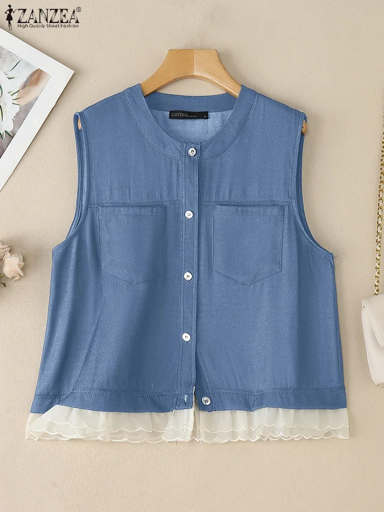 

2025 ZANZEA Summer Blouse Women Sleeveless Denim Blue Tanks Tops Female Work OL Camis Tees Fashion Mesh Patchwork Holiday Shirt