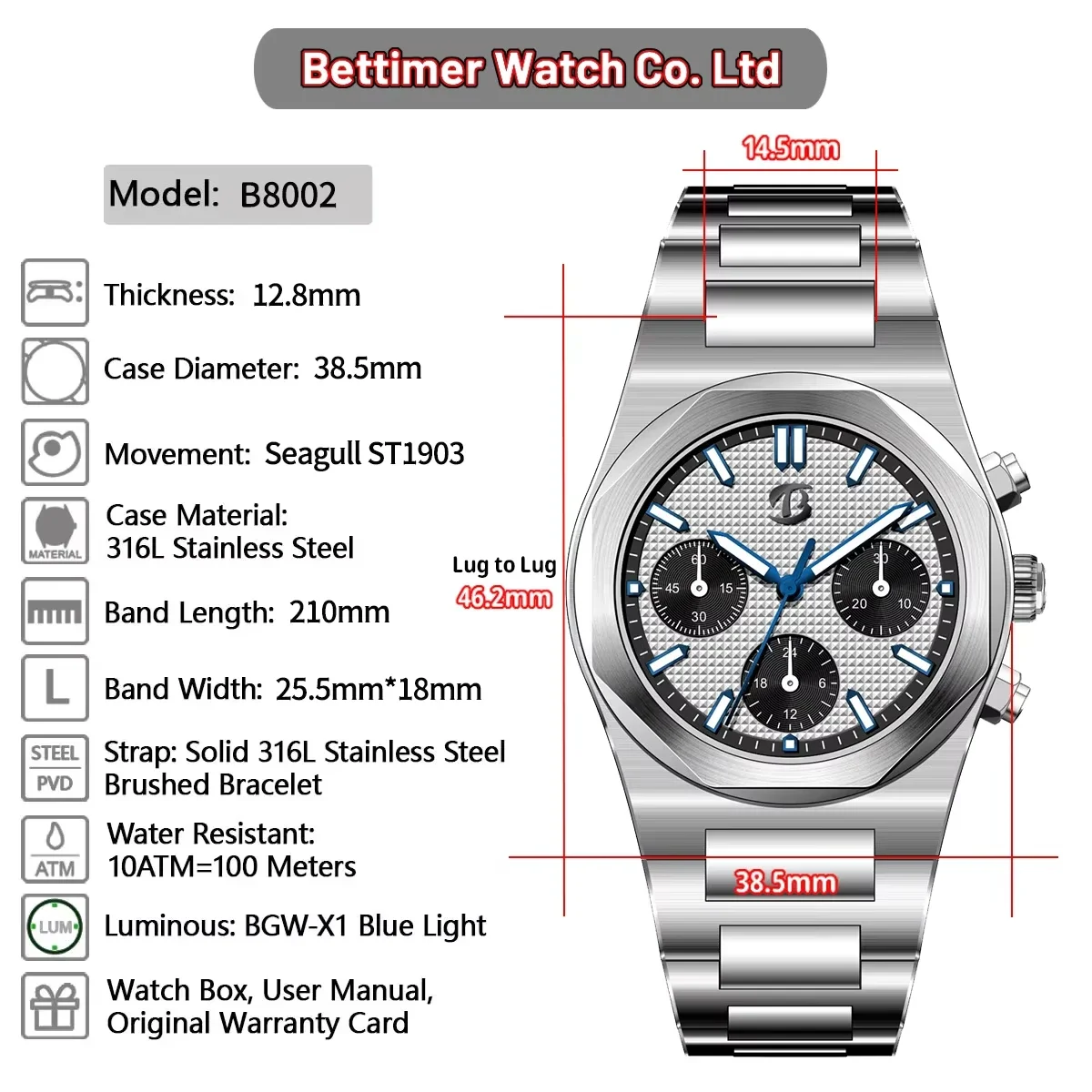 Bettimer 2024 new Fashion Business Men's Mechanical Timing Wristwatch ST1903 Stainless Steel 10Bar Luminous reloj hombre B8002