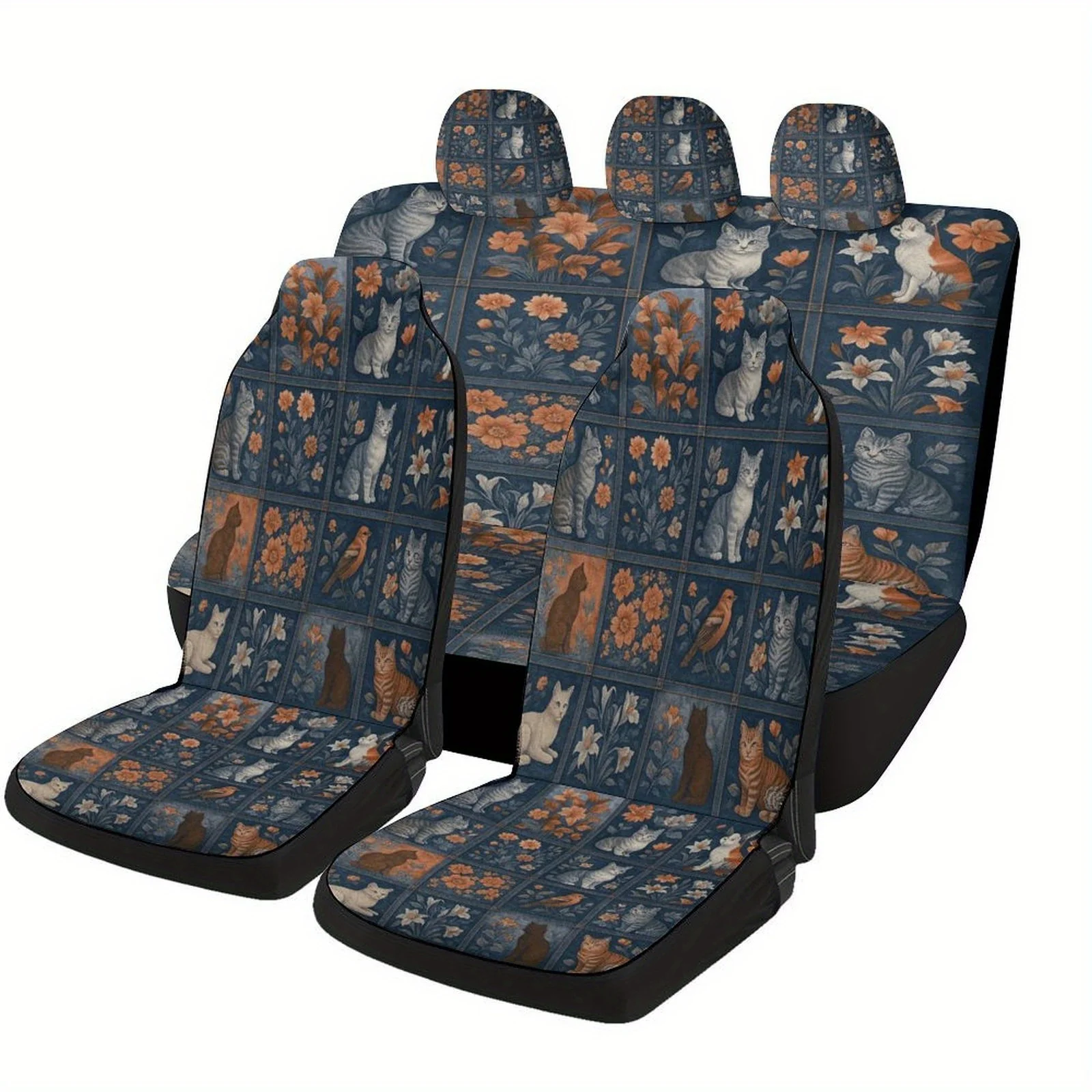 Cats And Flowers Tiles Themed Car Seat Cover Set For Most Cars, Trendy Novelty Car Seat Protector Covers Full Set, Car Seat Cove