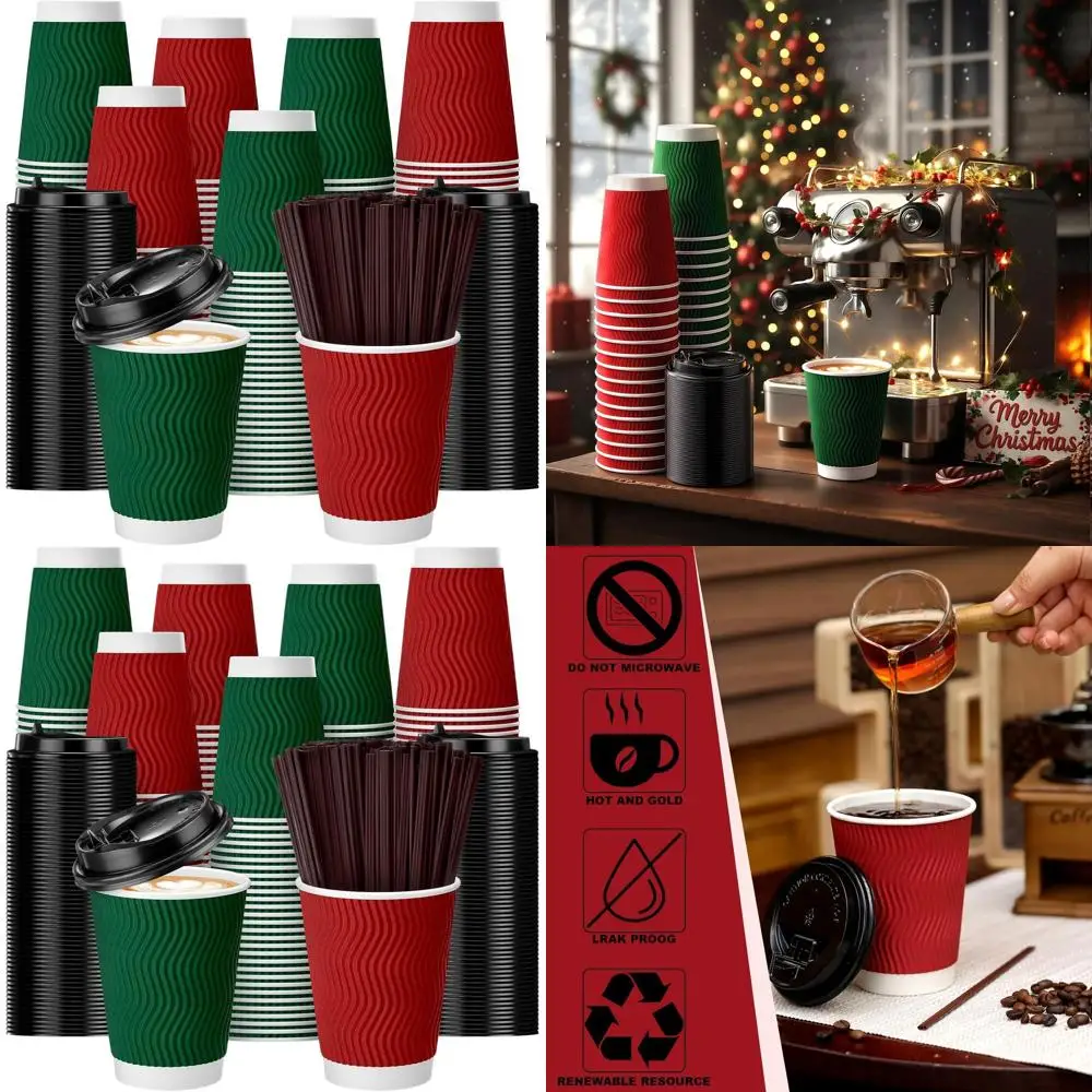 

12-унциальные многоцветные изолированные пульсационные бумажные стаканчики с крышками и соломинками для рождественских напитков