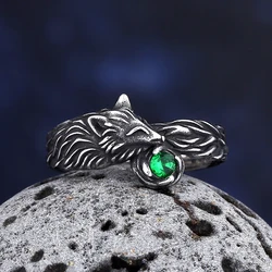 2024New Vintage Cool 316L Stainless Steel Fox Ring With Green Stone Animal jewelry Wholesale Price For Man Couple&Lover`s  Gift