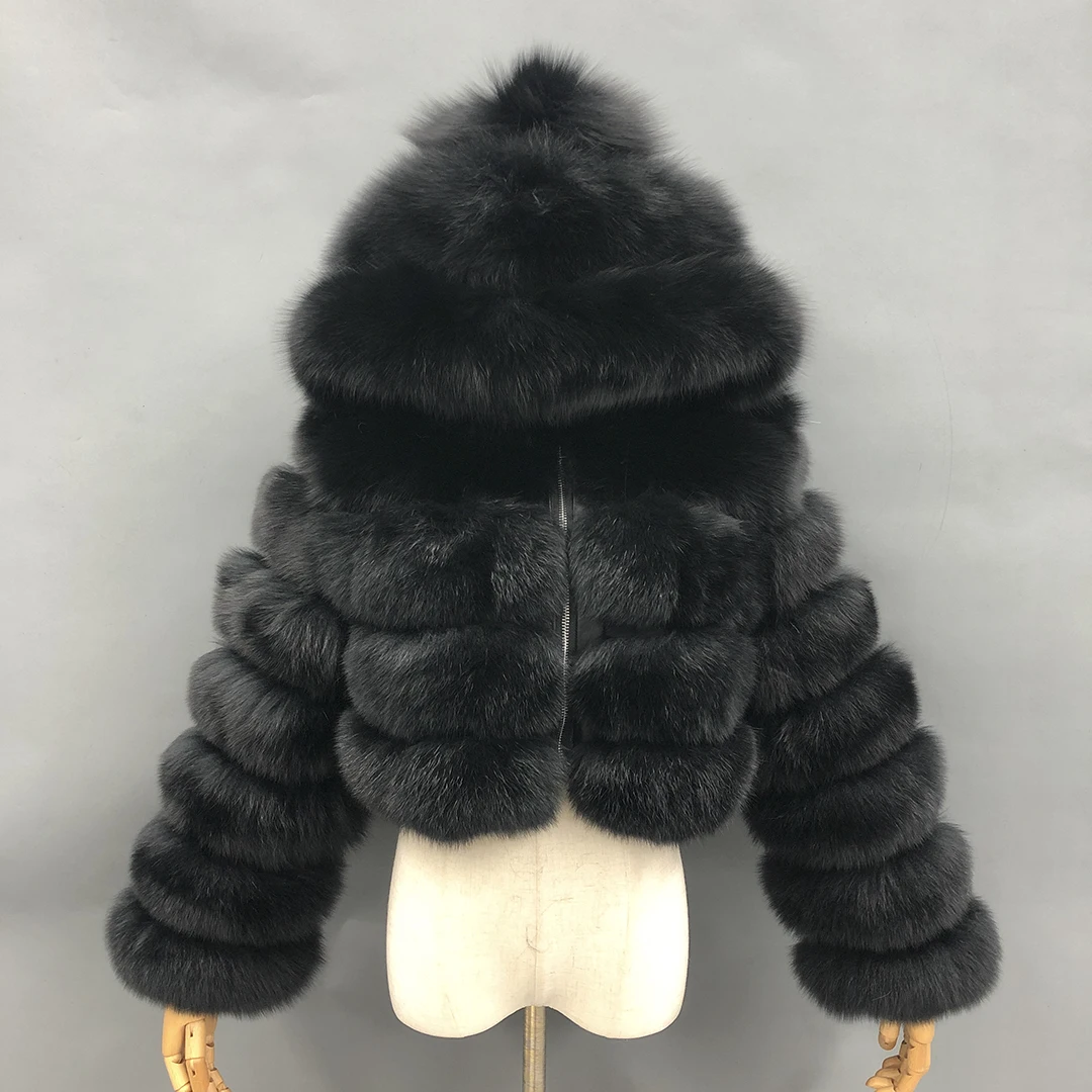 

MISSJANEFUR Crop Fur Jackets with Hood for Women Fashion Luxury Real Fox Fur Coats Full Sleeve Warm Custom Winter Bubble Coats