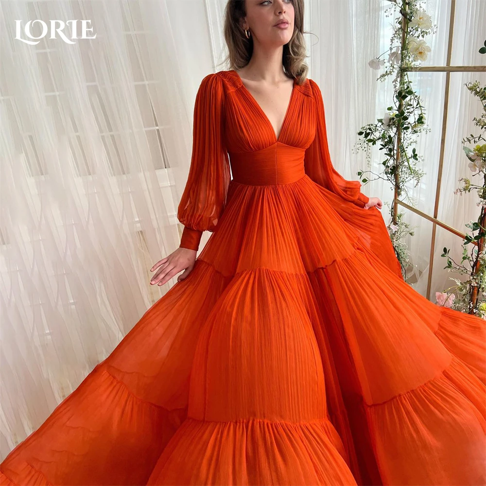 

LORIE Orange Solid Formal Evening Dresses V-Neck A-Line Lantern Sleeves Pleats Prom Dress Graduation Pageant 2024 Party Gowns