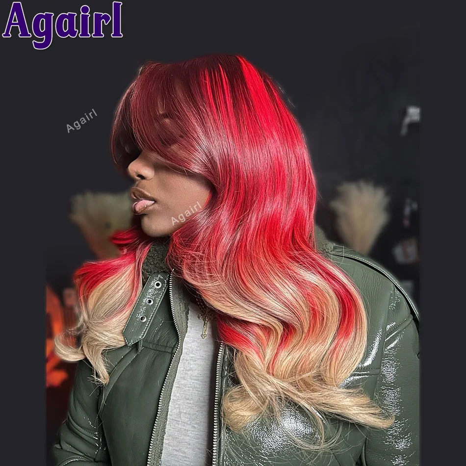 

Ombre Red Blonde 13x6 Lace Front Human Hair Wigs 13x4 Body Wave Lace Frontal Wigs For Women 6X4 Lace Clousre Wigs 200% Density