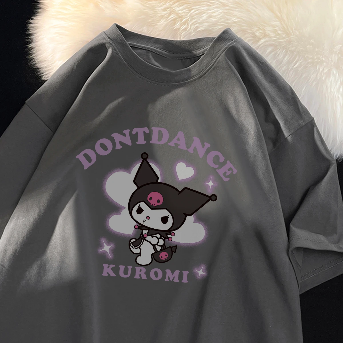 Kuromi'S Kiss Expression Woman T Shirt Sanrio Aesthetic Tee Clothing Letter Youth T-Shirts Personality Harajuku Short Sleeved